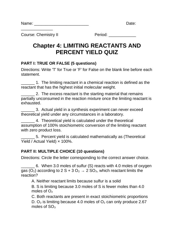 Limiting Reactants & Percent Yield Lesson Quiz sample page