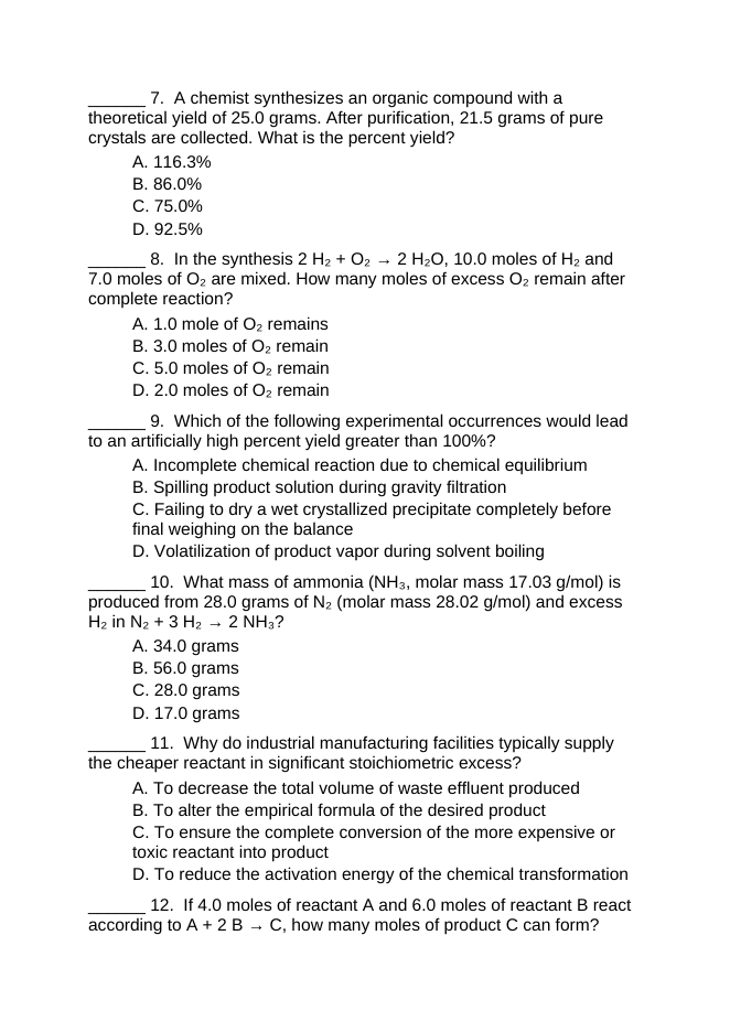 Limiting Reactants & Percent Yield Lesson Quiz sample page