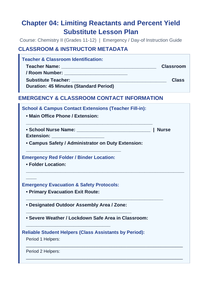 Limiting Reactants & Percent Yield Substitute Lesson Plan sample page