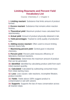 Limiting Reactants & Percent Yield Vocabulary Words & Definitions sample page