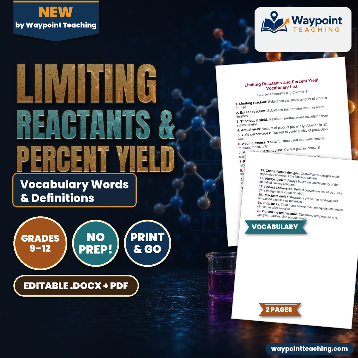 Limiting Reactants & Percent Yield Vocabulary Words & Definitions cover