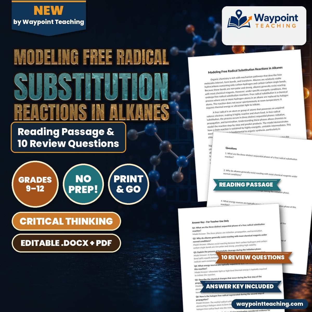Modeling Free Radical Substitution Reactions in Alkanes Reading Worksheet cover
