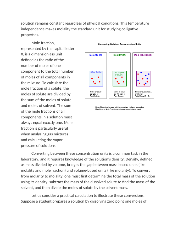 Molarity Molality and Mole Fraction Calculations Reading Worksheet sample page