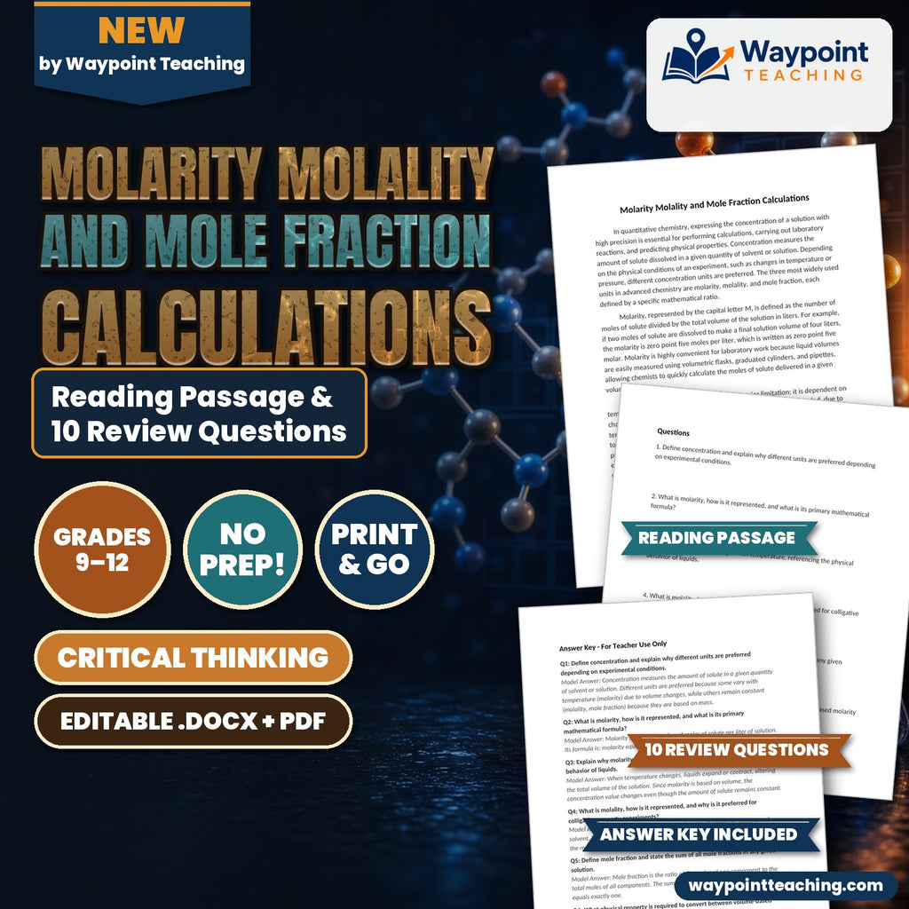 Molarity Molality and Mole Fraction Calculations Reading Worksheet cover