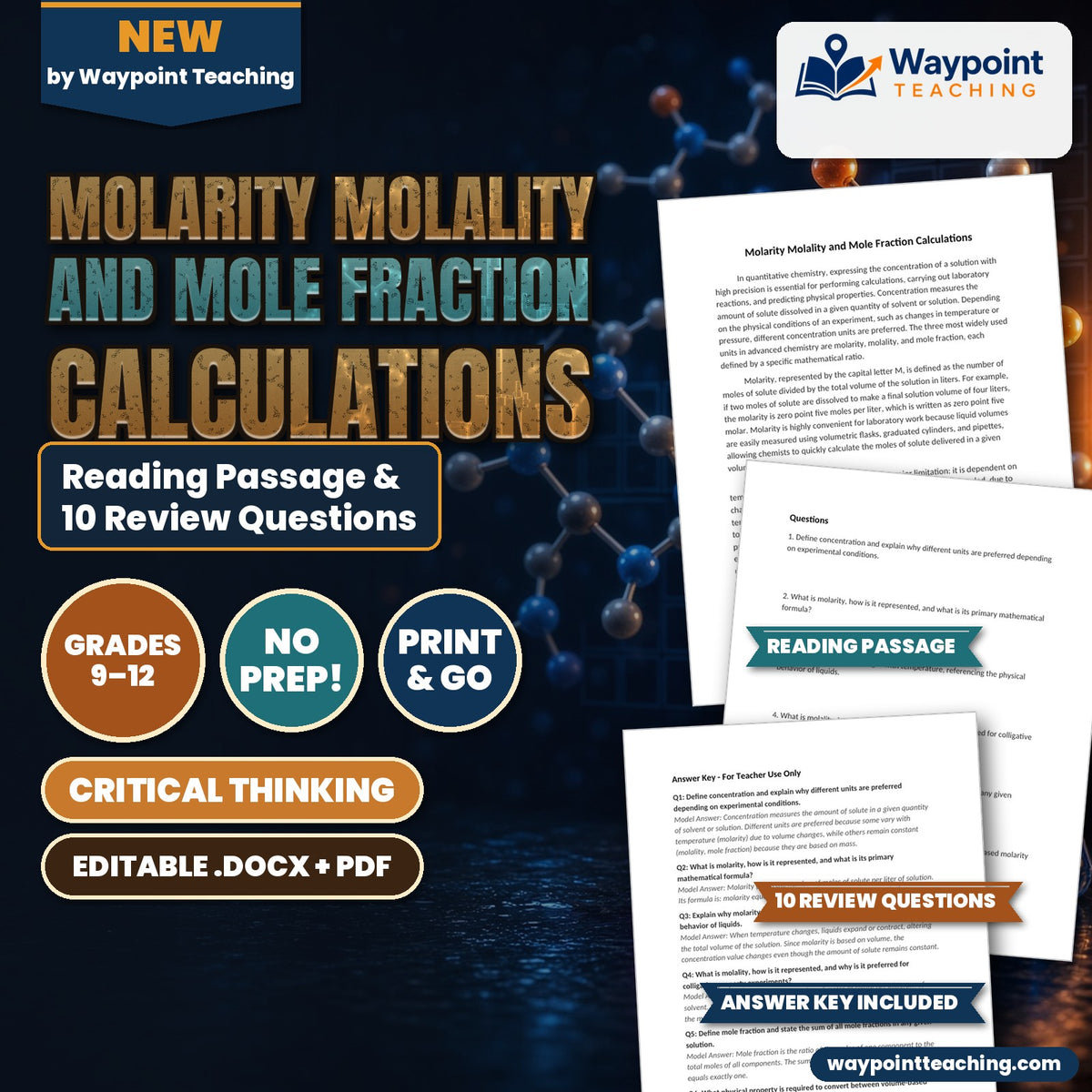 Molarity Molality and Mole Fraction Calculations Reading Worksheet cover