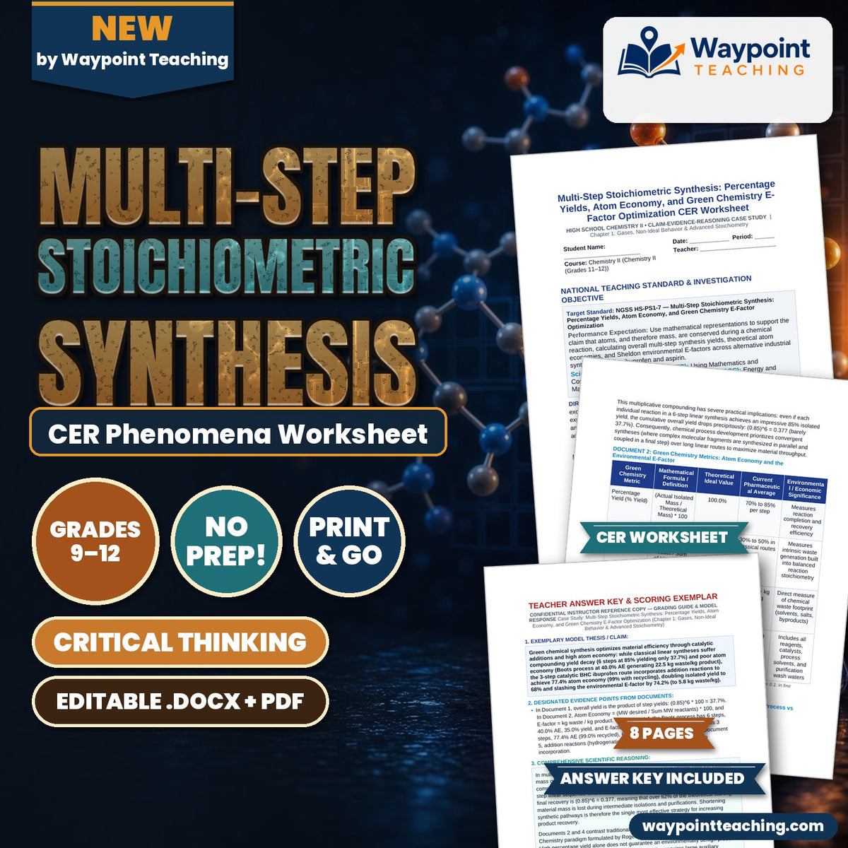 Multi-Step Stoichiometric Synthesis: Percentage Yields, Atom Economy, and Green Chemistry E-Factor Optimization CER Phenomena Worksheet cover