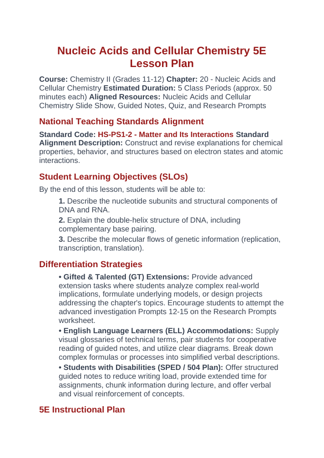 Nucleic Acids & Cellular Chemistry 5E Lesson Plan sample page