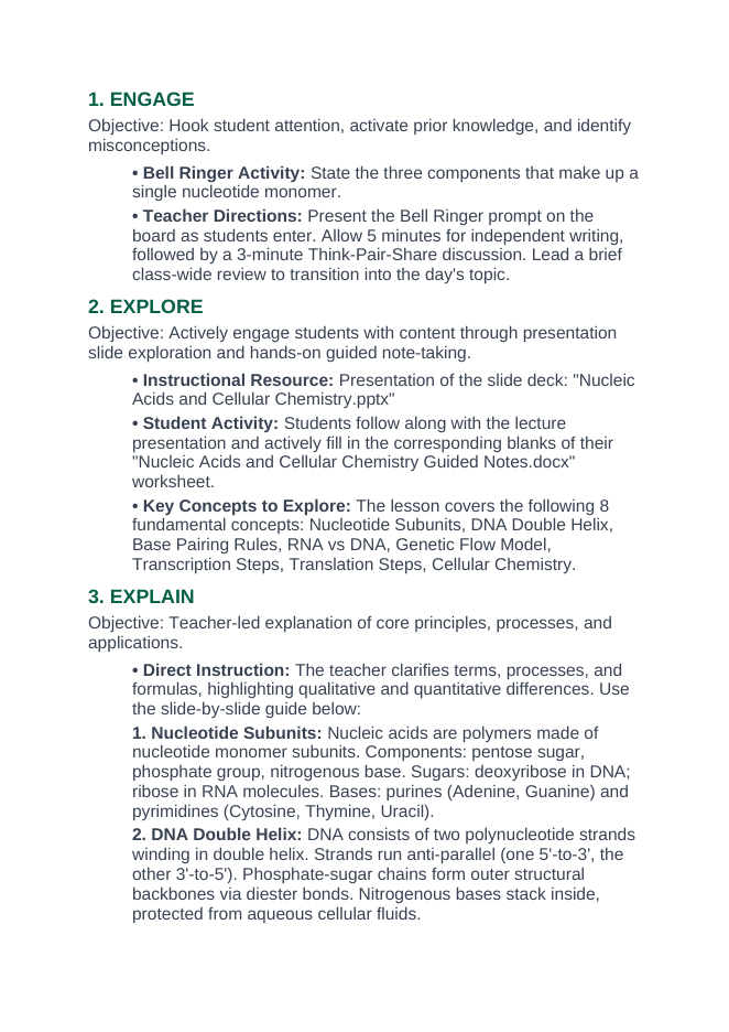 Nucleic Acids & Cellular Chemistry 5E Lesson Plan sample page