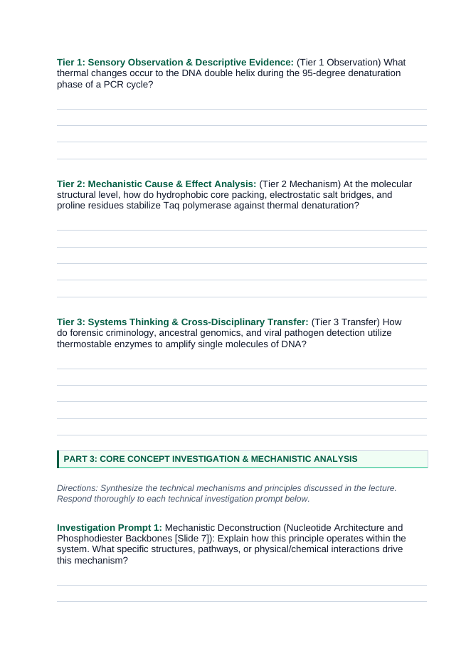 Nucleic Acids & Cellular Chemistry Phenomena-Based Lesson: Hyperthermal Enzyme Resilience of Thermus aquaticus Taq Polymerase in 95-Degree PCR Thermal Cycling Student Response Sheet sample page