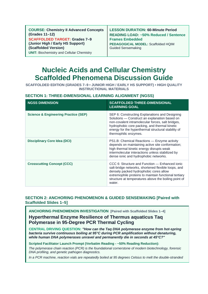 Nucleic Acids & Cellular Chemistry Scaffolded Phenomena-Based Lesson: Hyperthermal Enzyme Resilience of Thermus aquaticus Taq Polymerase in 95-Degree PCR Thermal Cycling Teacher Discussion Guide sample page