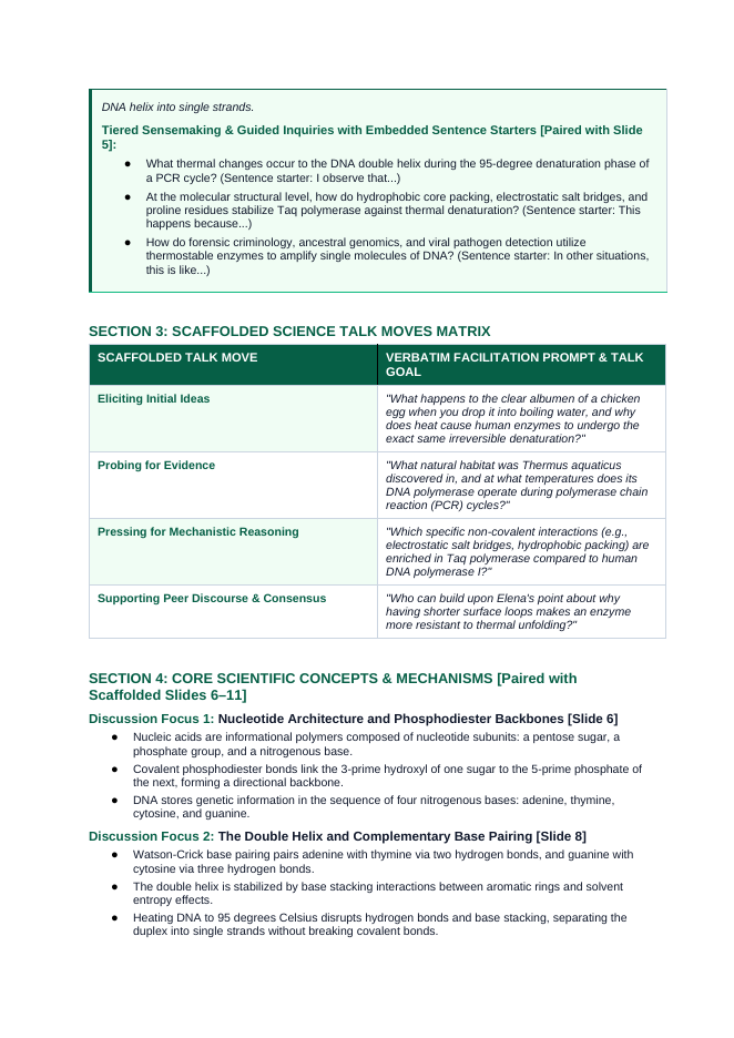 Nucleic Acids & Cellular Chemistry Scaffolded Phenomena-Based Lesson: Hyperthermal Enzyme Resilience of Thermus aquaticus Taq Polymerase in 95-Degree PCR Thermal Cycling Teacher Discussion Guide sample page