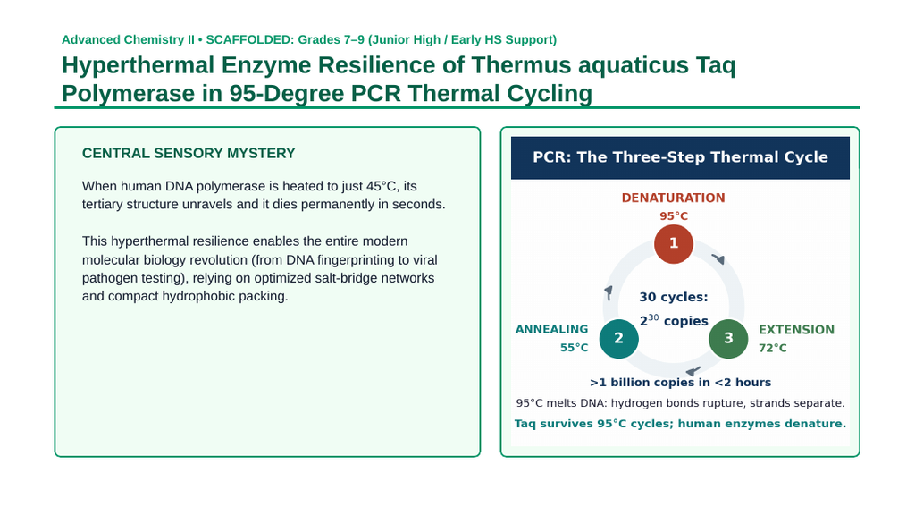 Nucleic Acids & Cellular Chemistry Scaffolded Phenomena-Based Lesson: Hyperthermal Enzyme Resilience of Thermus aquaticus Taq Polymerase in 95-Degree PCR Thermal Cycling Presentation sample page