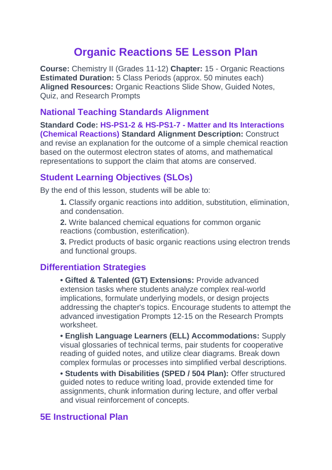 Organic Reactions 5E Lesson Plan sample page