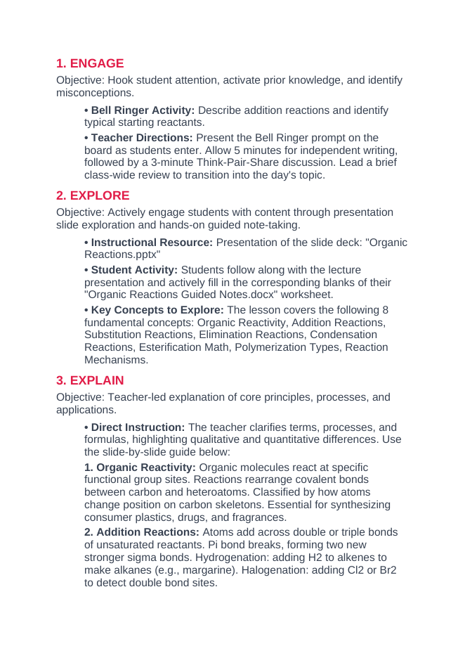 Organic Reactions 5E Lesson Plan sample page