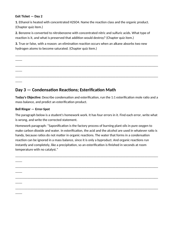 Organic Reactions Bell Ringers & Exit Tickets sample page
