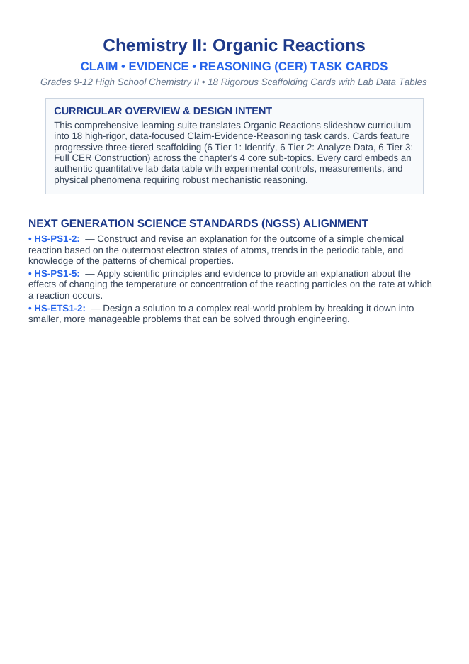 Organic Reactions CER Task Cards sample page