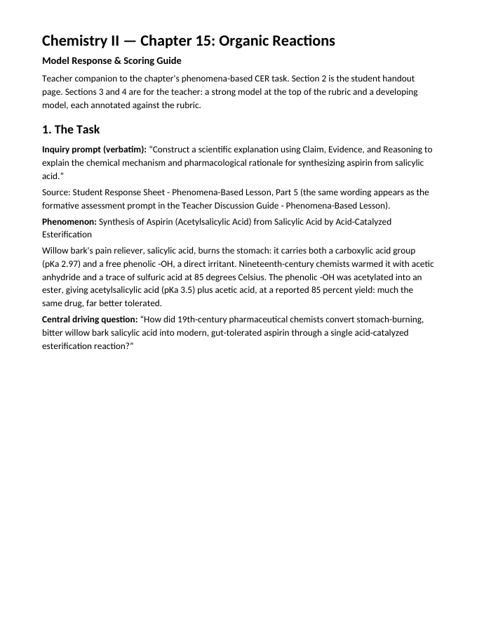 Organic Reactions Model Response & Scoring Guide sample page