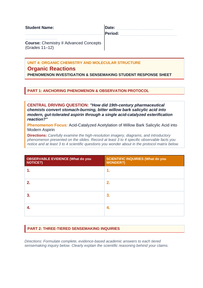 Organic Reactions Phenomena-Based Lesson: Acid-Catalyzed Acetylation of Willow Bark Salicylic Acid into Modern Aspirin Student Response Sheet sample page