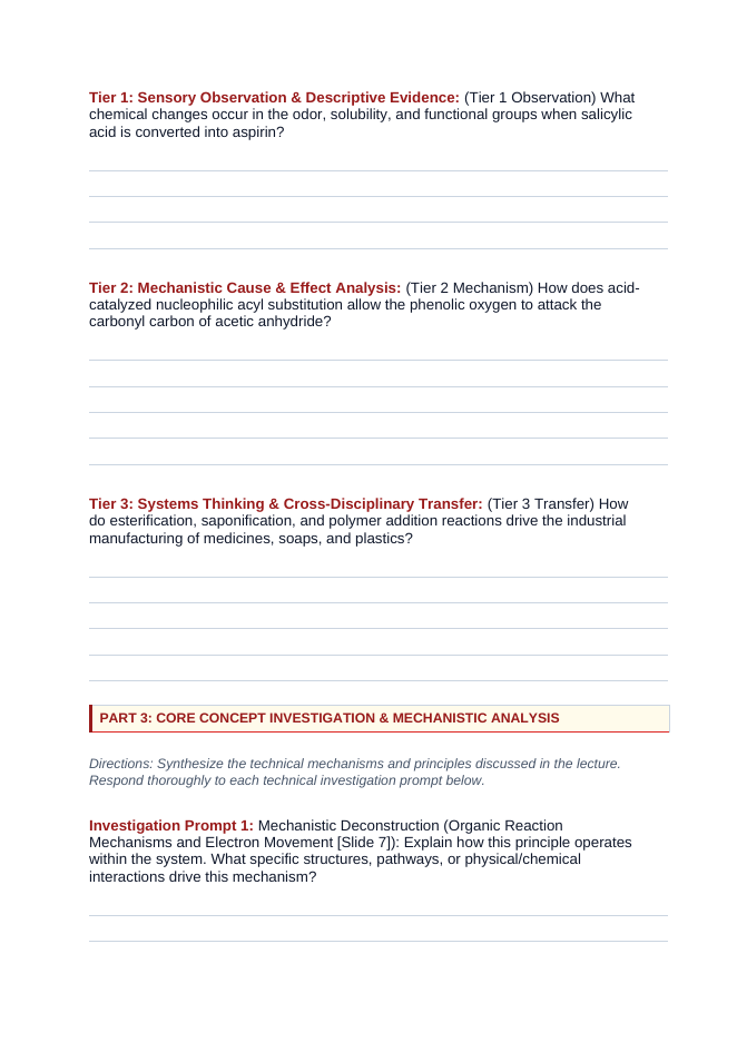 Organic Reactions Phenomena-Based Lesson: Acid-Catalyzed Acetylation of Willow Bark Salicylic Acid into Modern Aspirin Student Response Sheet sample page