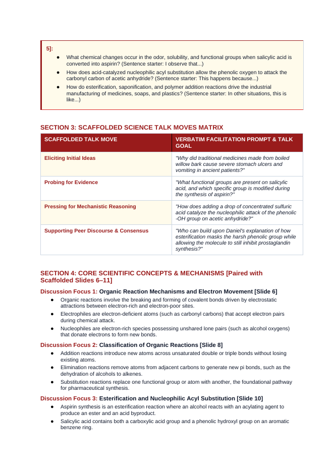 Organic Reactions Scaffolded Phenomena-Based Lesson: Acid-Catalyzed Acetylation of Willow Bark Salicylic Acid into Modern Aspirin Teacher Discussion Guide sample page