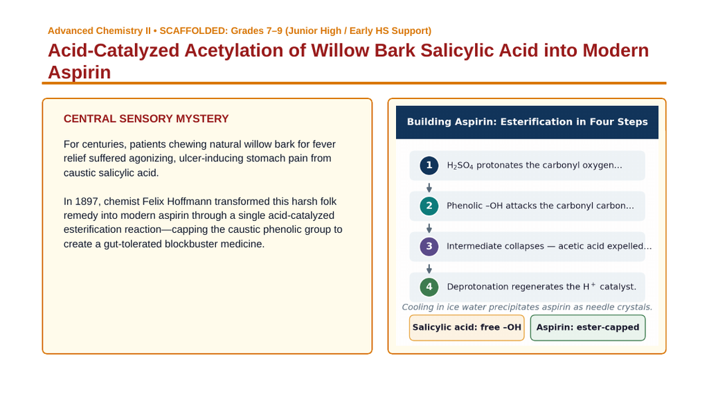Organic Reactions Scaffolded Phenomena-Based Lesson: Acid-Catalyzed Acetylation of Willow Bark Salicylic Acid into Modern Aspirin Presentation sample page
