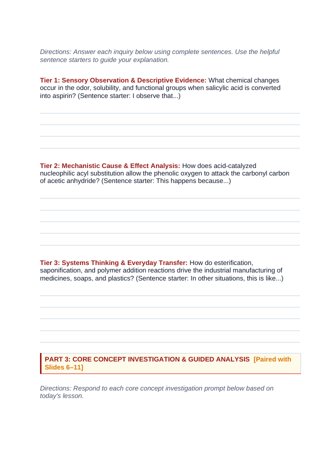 Organic Reactions Scaffolded Phenomena-Based Lesson: Acid-Catalyzed Acetylation of Willow Bark Salicylic Acid into Modern Aspirin Student Response Sheet sample page
