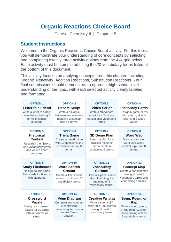 Organic Reactions Vocabulary Choice Board sample page