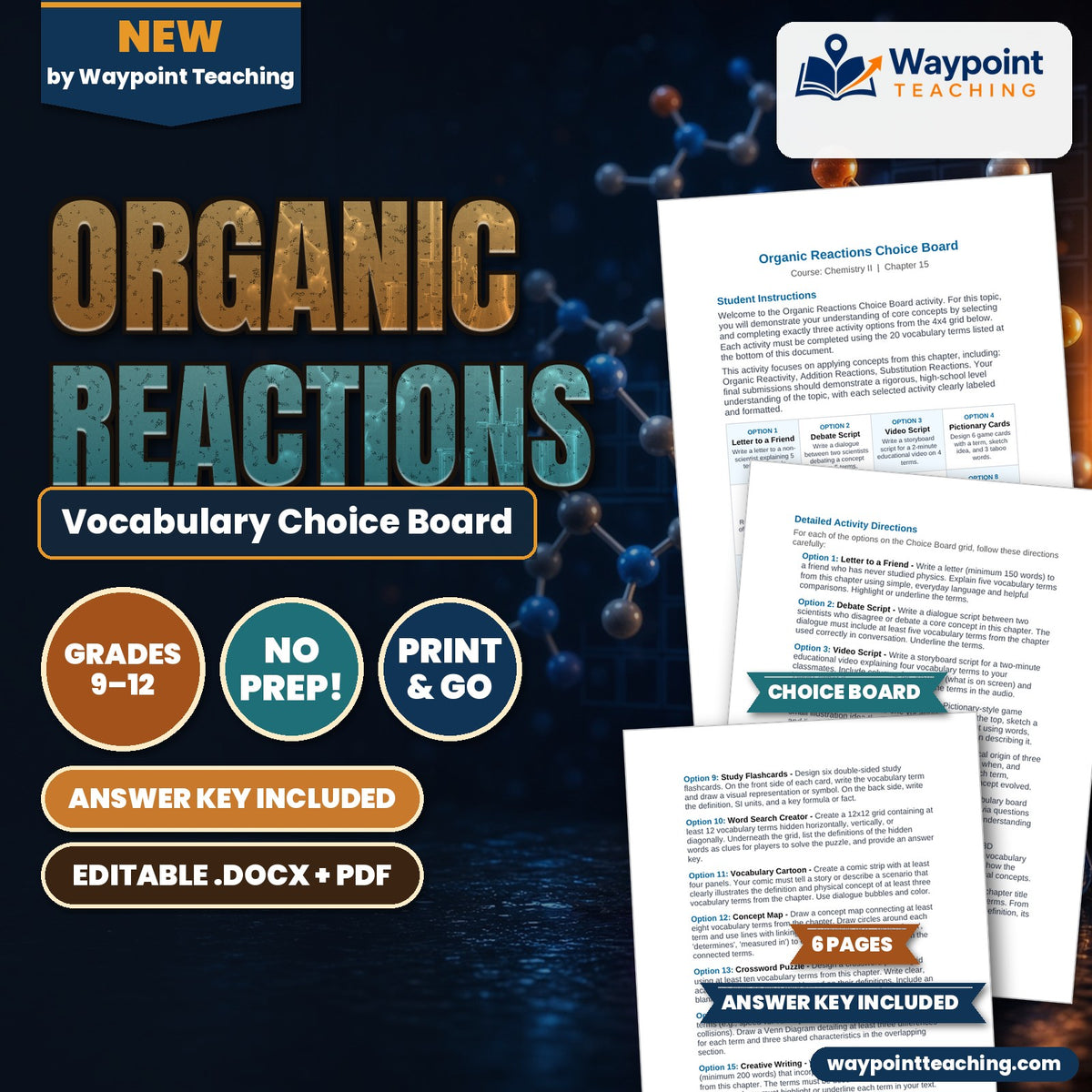 Organic Reactions Vocabulary Choice Board cover