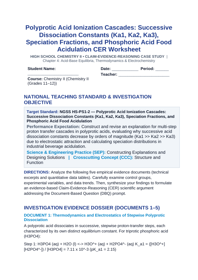 Polyprotic Acid Ionization Cascades: Successive Dissociation Constants (Ka1, Ka2, Ka3), Speciation Fractions, and Phosphoric Acid Food Acidulation CER Phenomena Worksheet sample page