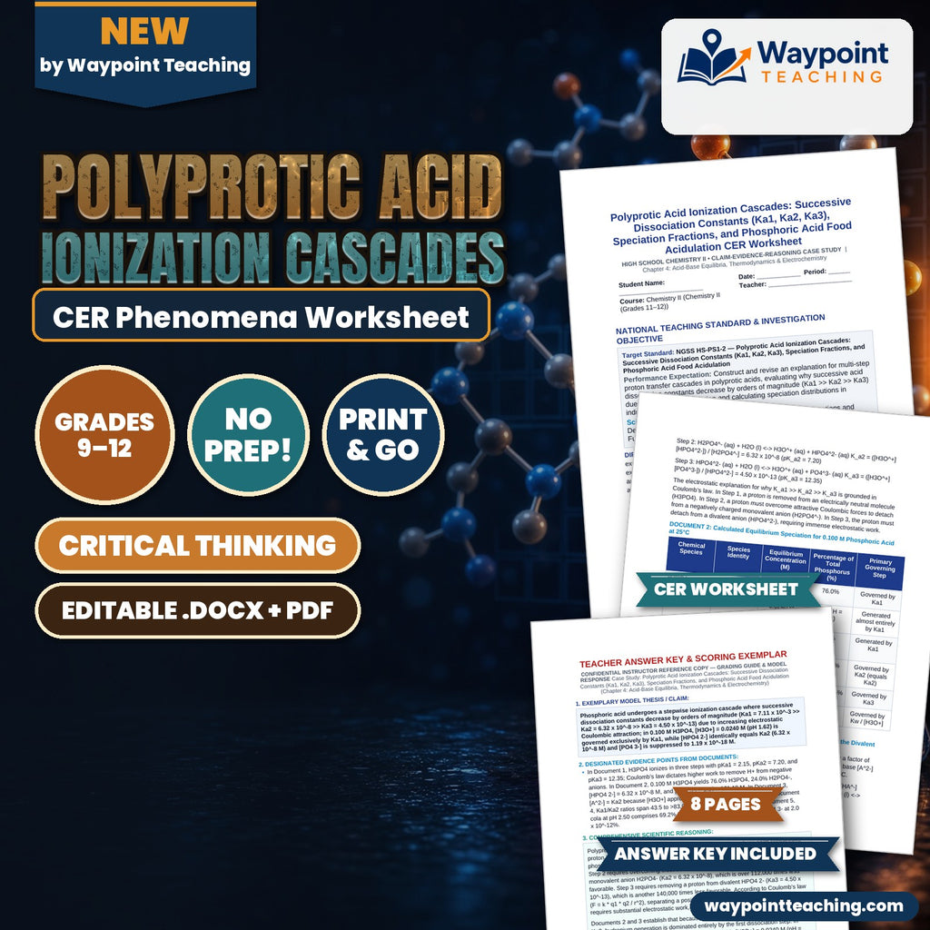 Polyprotic Acid Ionization Cascades: Successive Dissociation Constants (Ka1, Ka2, Ka3), Speciation Fractions, and Phosphoric Acid Food Acidulation CER Phenomena Worksheet cover