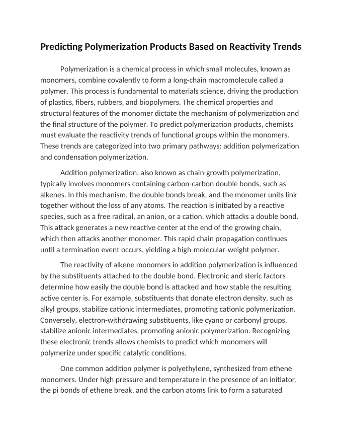 Predicting Polymerization Products Based on Reactivity Trends Reading Worksheet sample page