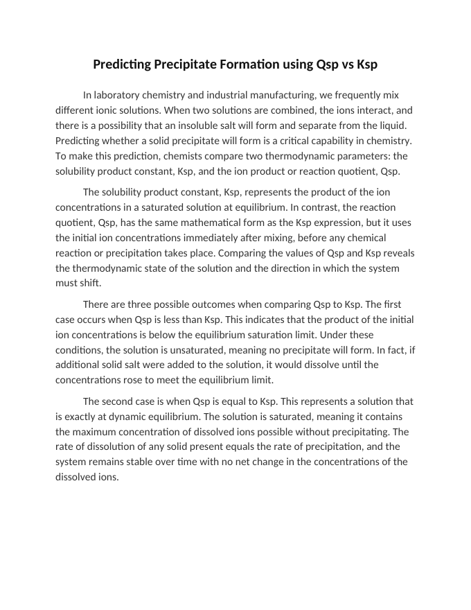 Predicting Precipitate Formation using Qsp vs Ksp Reading Worksheet sample page