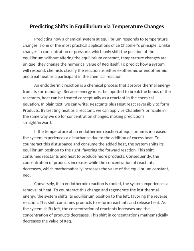 Predicting Shifts in Equilibrium via Temperature Changes Reading Worksheet sample page