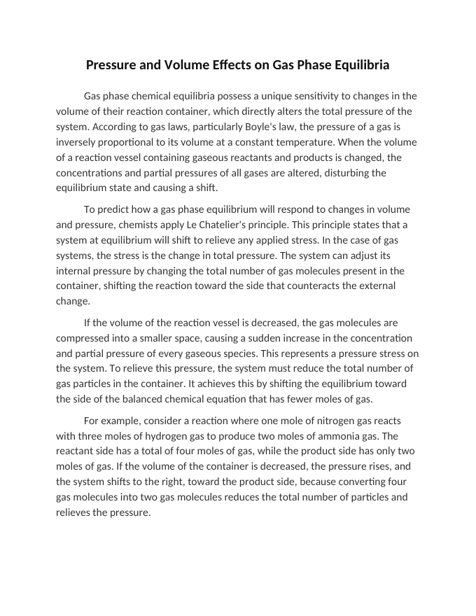 Pressure and Volume Effects on Gas Phase Equilibria Reading Worksheet sample page