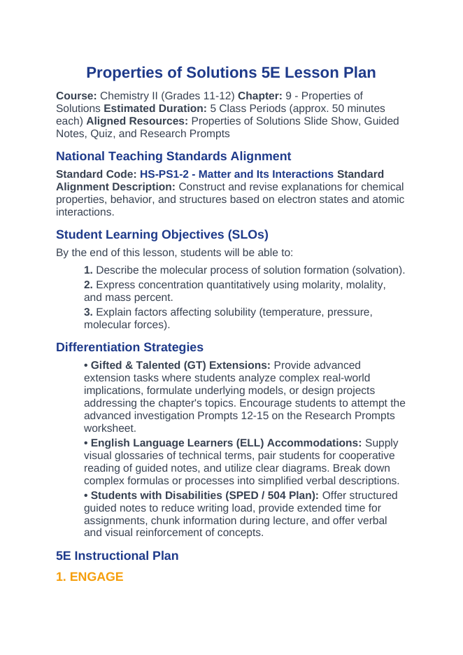 Properties of Solutions 5E Lesson Plan sample page