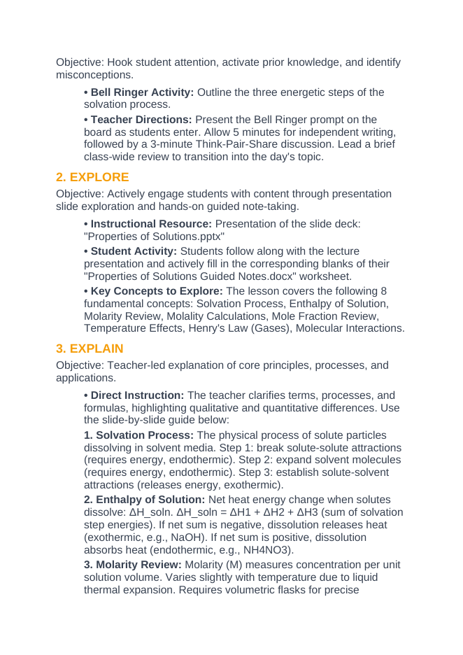 Properties of Solutions 5E Lesson Plan sample page