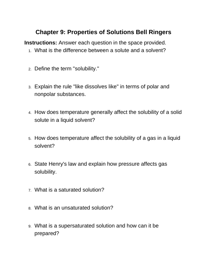 Properties of Solutions Bell Ringers & Exit Tickets sample page