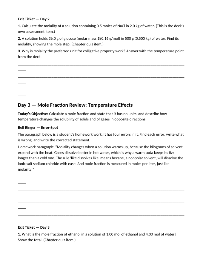 Properties of Solutions Bell Ringers & Exit Tickets sample page