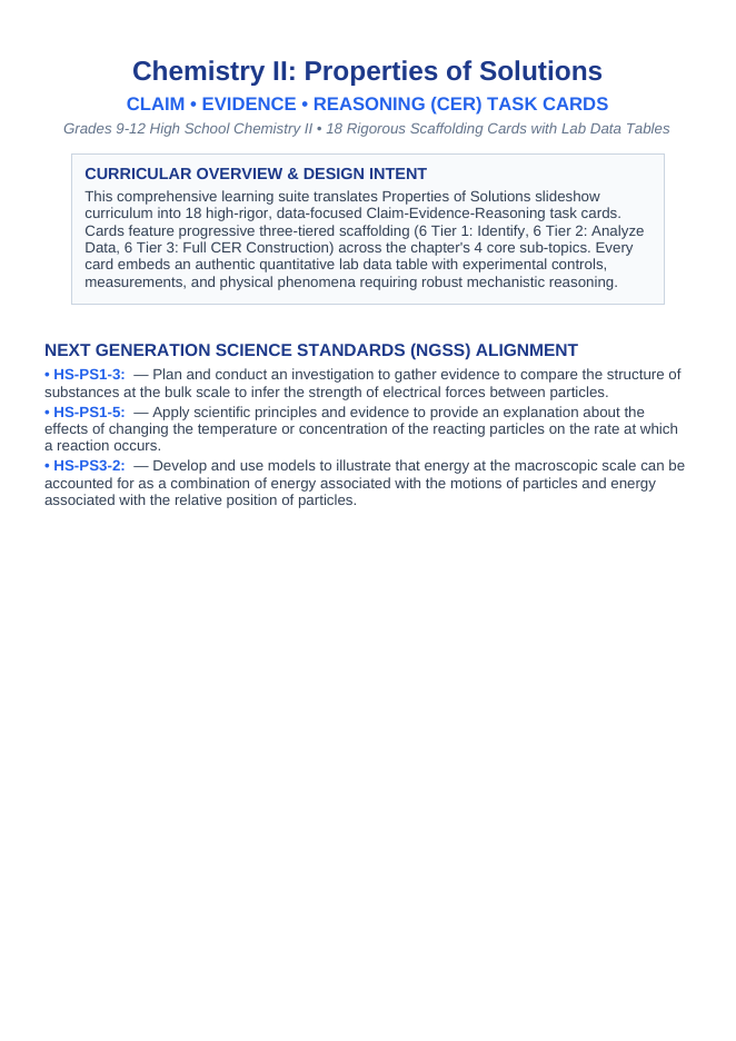 Properties of Solutions CER Task Cards sample page