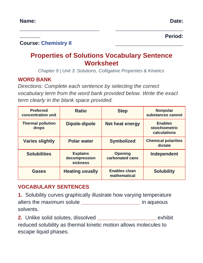 Properties of Solutions Fill-in-the-Blank Vocabulary Worksheet sample page
