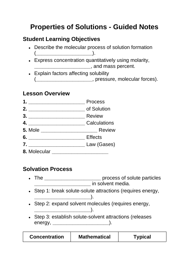 Properties of Solutions Guided Notes sample page