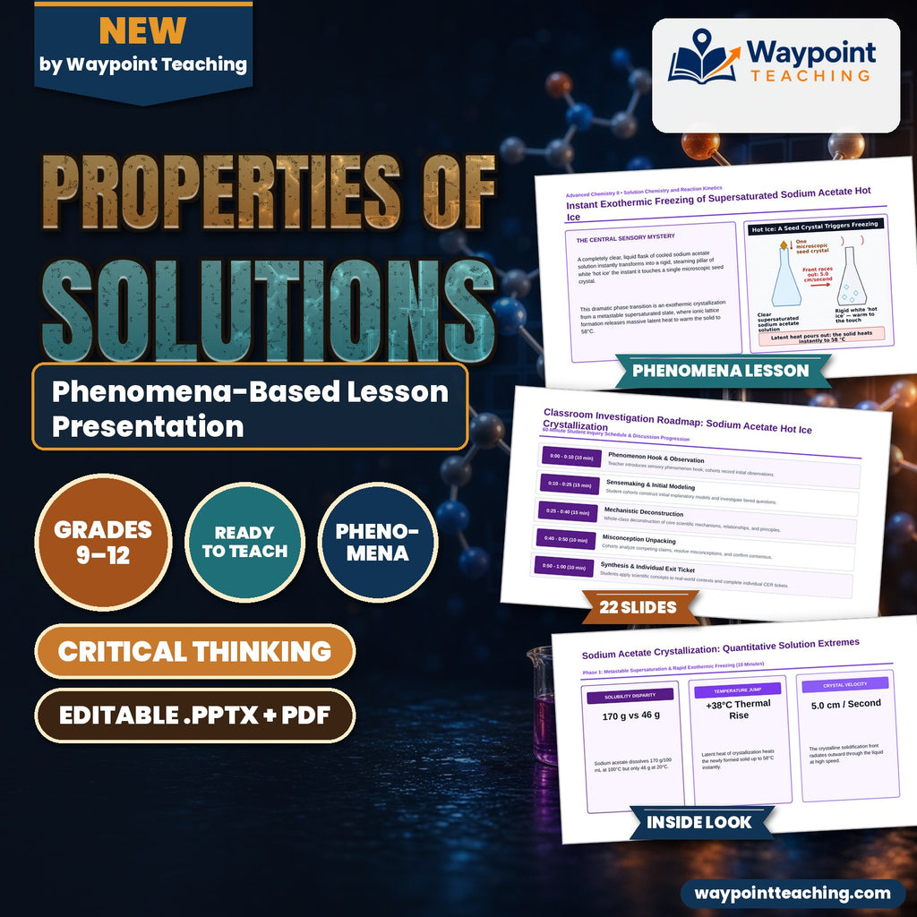 Properties of Solutions Phenomena-Based Lesson: Instant Exothermic Freezing of Supersaturated Sodium Acetate Hot Ice Presentation cover