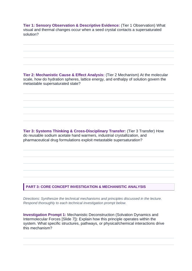 Properties of Solutions Phenomena-Based Lesson: Instant Exothermic Freezing of Supersaturated Sodium Acetate Hot Ice Student Response Sheet sample page