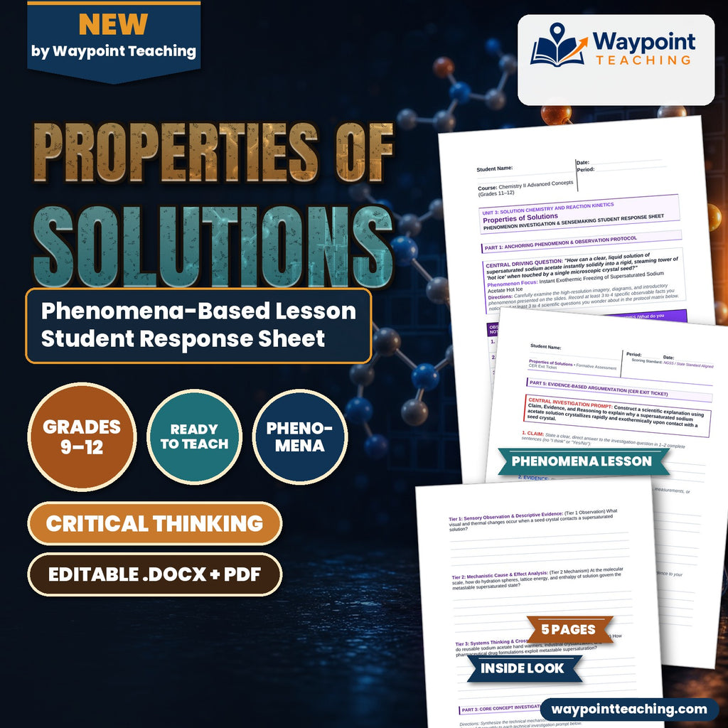 Properties of Solutions Phenomena-Based Lesson: Instant Exothermic Freezing of Supersaturated Sodium Acetate Hot Ice Student Response Sheet cover