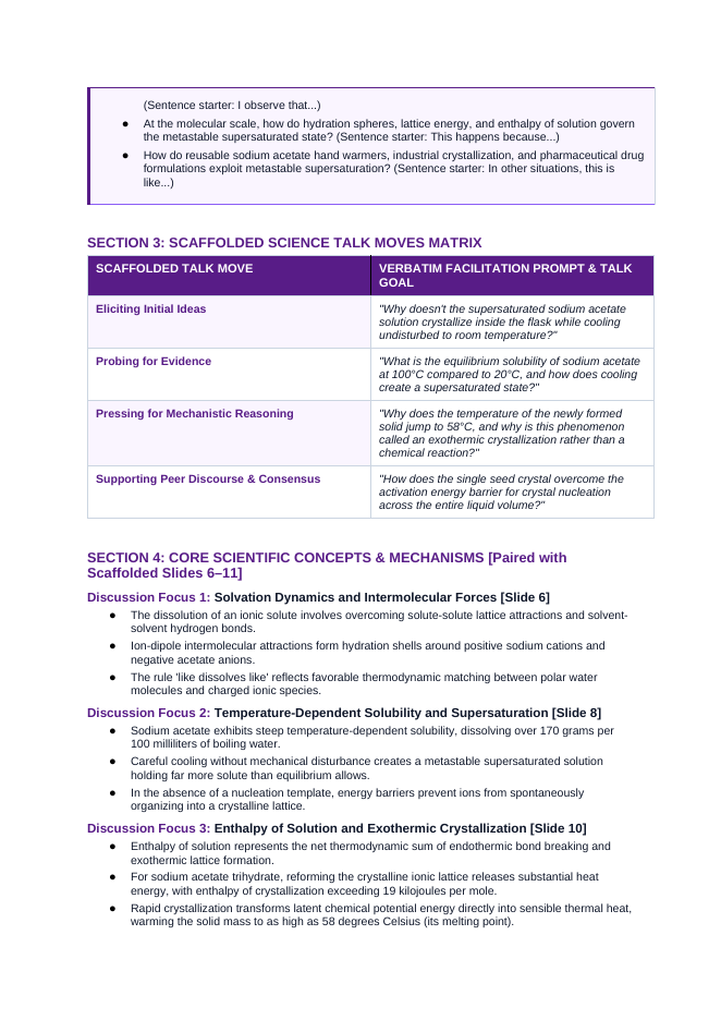 Properties of Solutions Scaffolded Phenomena-Based Lesson: Instant Exothermic Freezing of Supersaturated Sodium Acetate Hot Ice Teacher Discussion Guide sample page