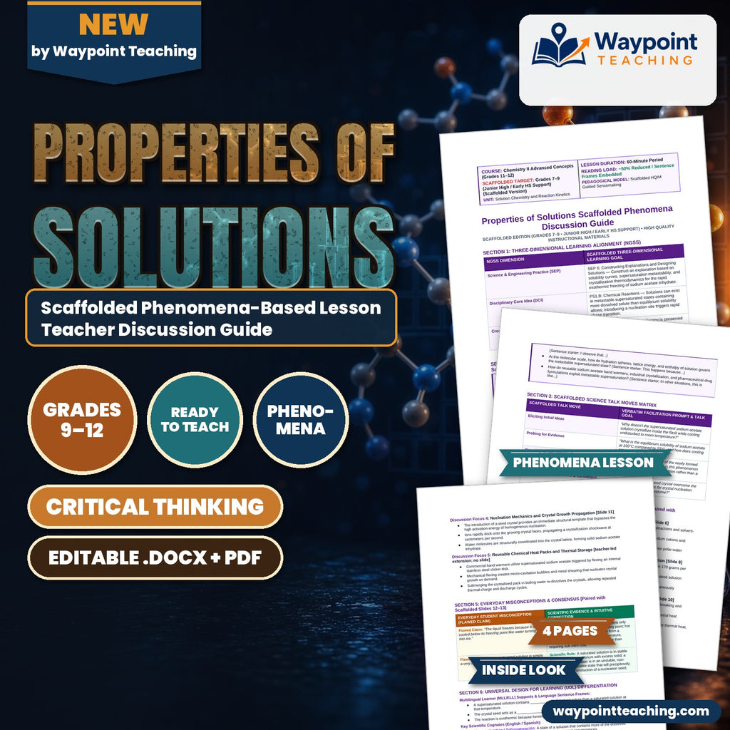 Properties of Solutions Scaffolded Phenomena-Based Lesson: Instant Exothermic Freezing of Supersaturated Sodium Acetate Hot Ice Teacher Discussion Guide cover
