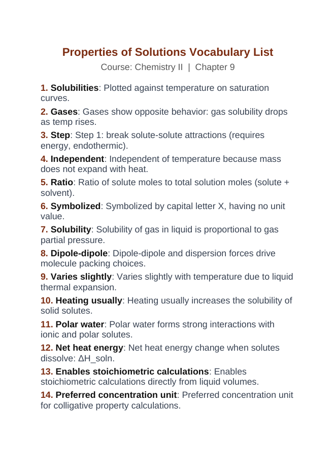 Properties of Solutions Vocabulary Words & Definitions sample page