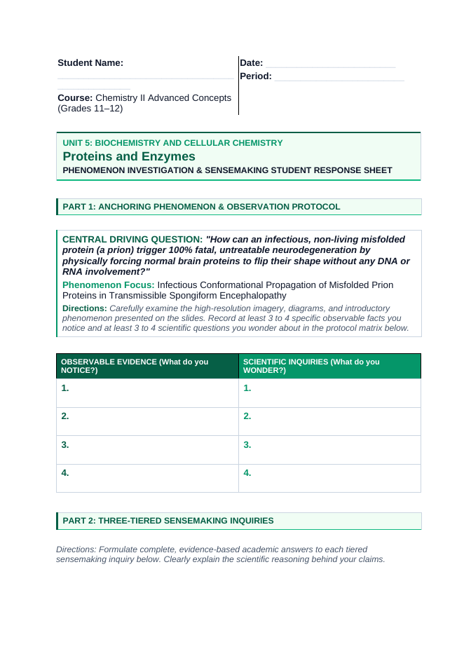 Proteins & Enzymes Phenomena-Based Lesson: Infectious Conformational Propagation of Misfolded Prion Proteins in Transmissible Spongiform Encephalopathy Student Response Sheet sample page