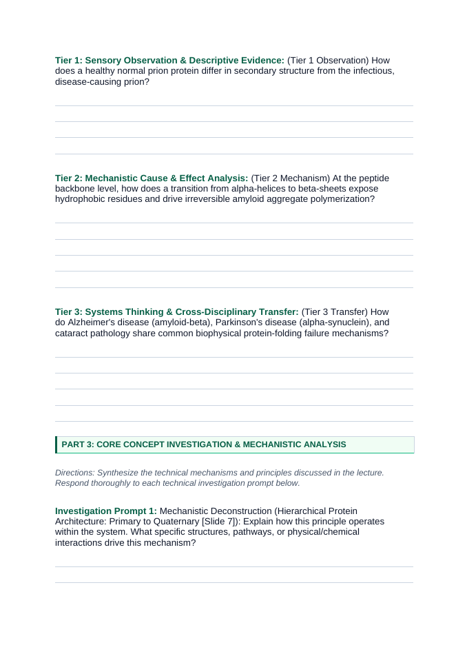 Proteins & Enzymes Phenomena-Based Lesson: Infectious Conformational Propagation of Misfolded Prion Proteins in Transmissible Spongiform Encephalopathy Student Response Sheet sample page