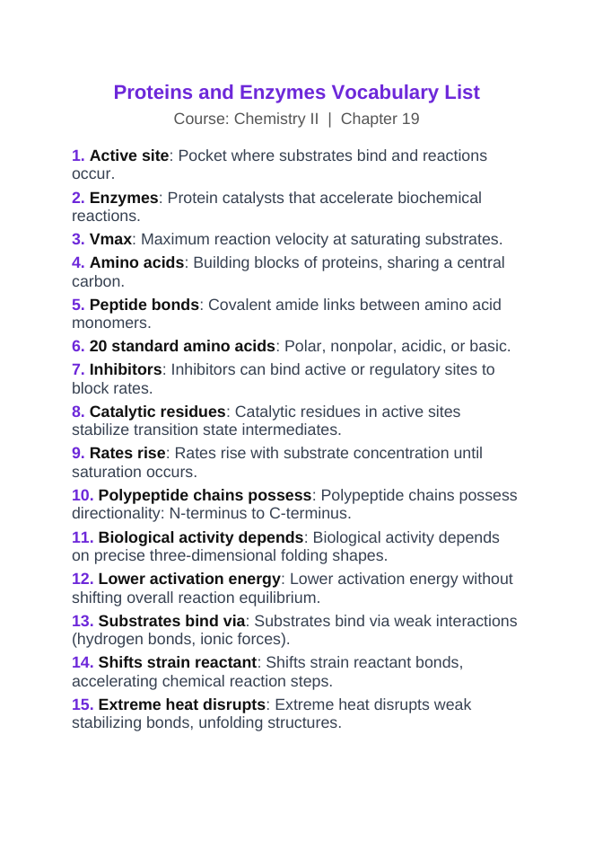 Proteins & Enzymes Vocabulary Words & Definitions sample page
